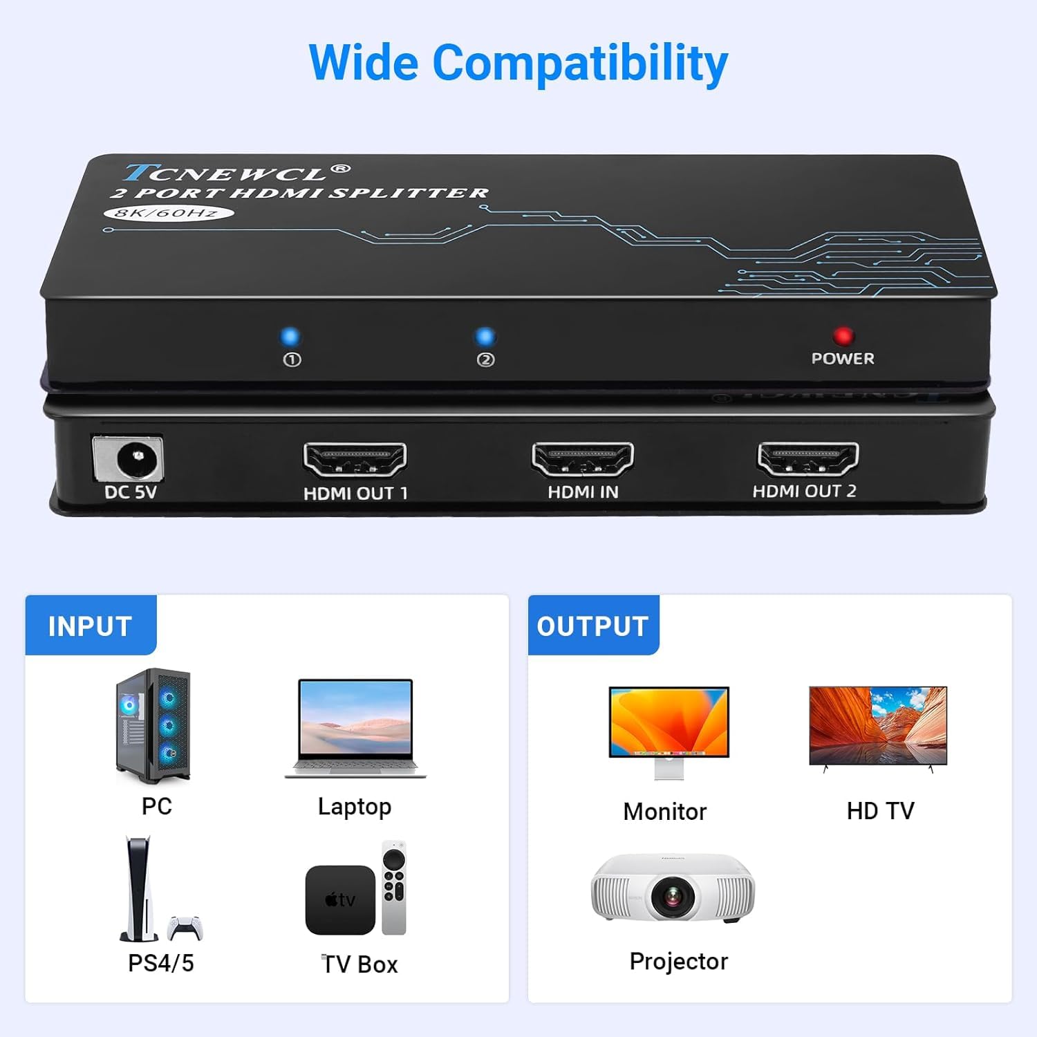 Splitter HDMI 1 in 2 Out, 8K @ 60Hz 4K @ 120Hz HDMI Duplicatore Supporto EDID, VRR, ALLM, Dolby, HDR 4K 8K per Xbox PS4 PS5 PC