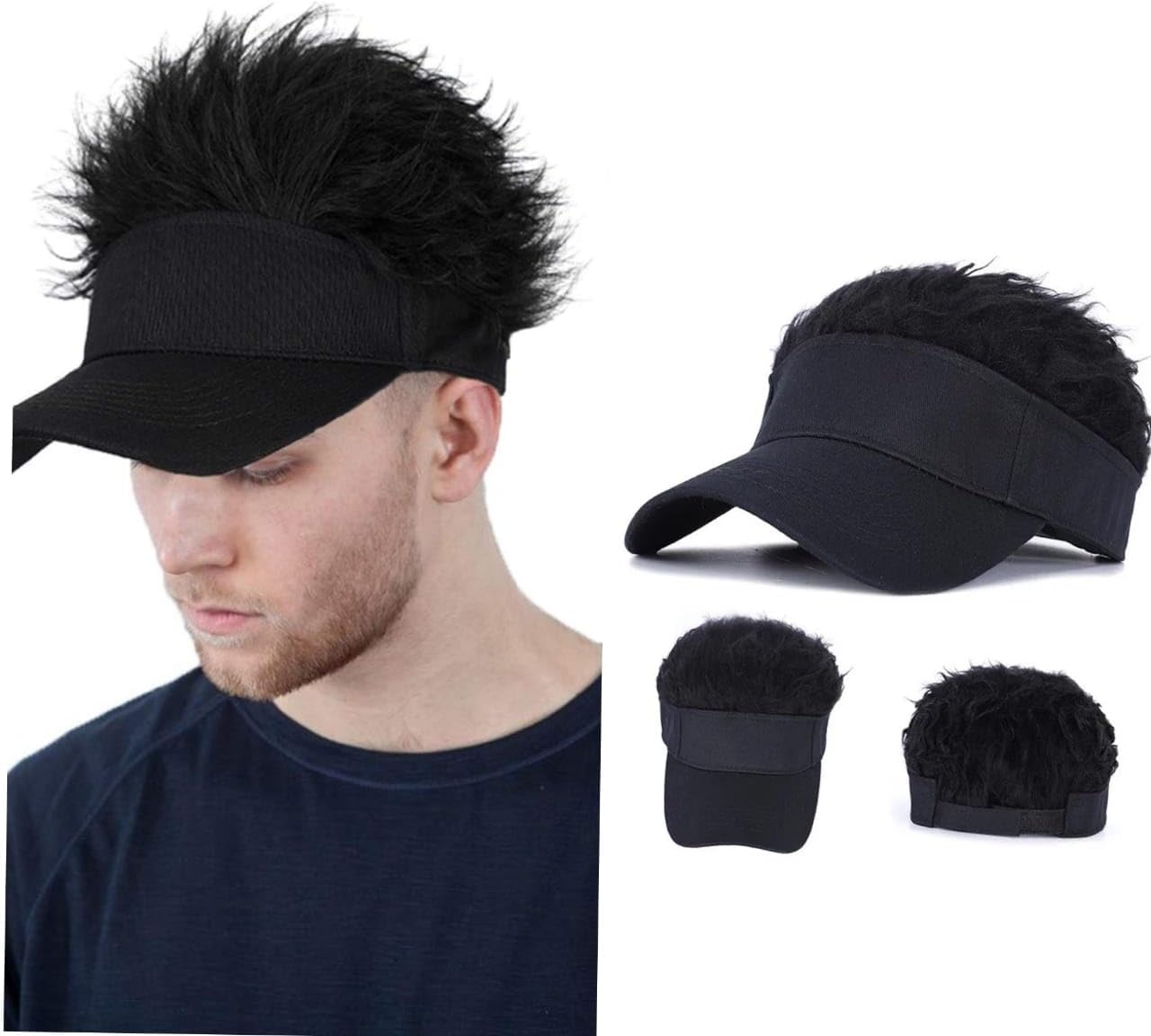 Sun Visor Hat with Novelty Fake Hair Adjustable Golf Baseball Cap Attached Flair Spiked Hairpiece Peaked Wig for Men, Black Color