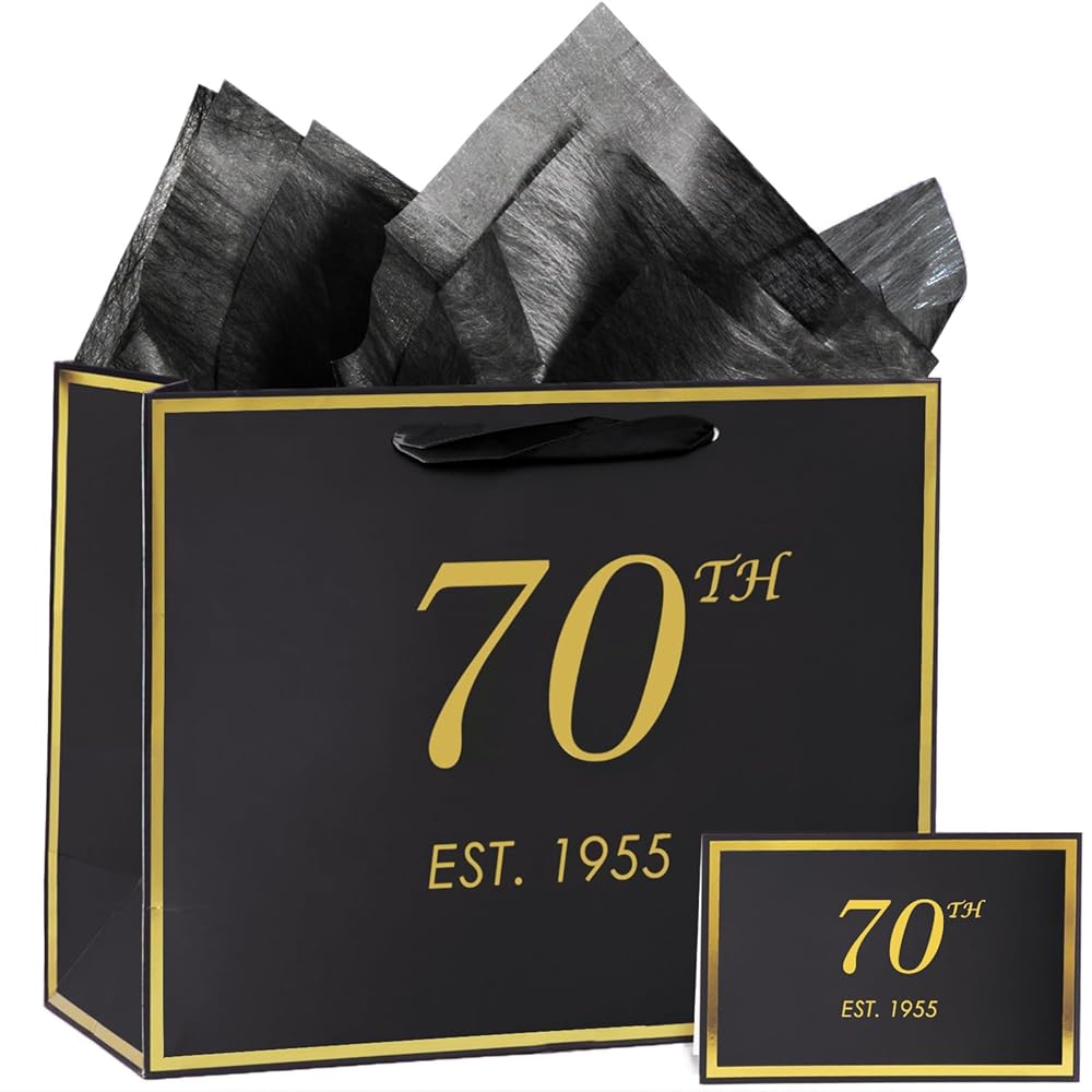 momoake 70th Birthday Gift Bag with Card and Tissue Paper for Men Women, 1955 70 Year Old 13 Elegant Black Gold Anniversary Keepsake Party Present Shopping Paper Bags for Gifts Wrapping