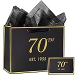 momoake 70th Birthday Gift Bag with Card and Tissue Paper for Men Women, 1955 70 Year Old 13 Elegant Black Gold Anniversary Keepsake Party Present Shopping Paper Bags for Gifts Wrapping