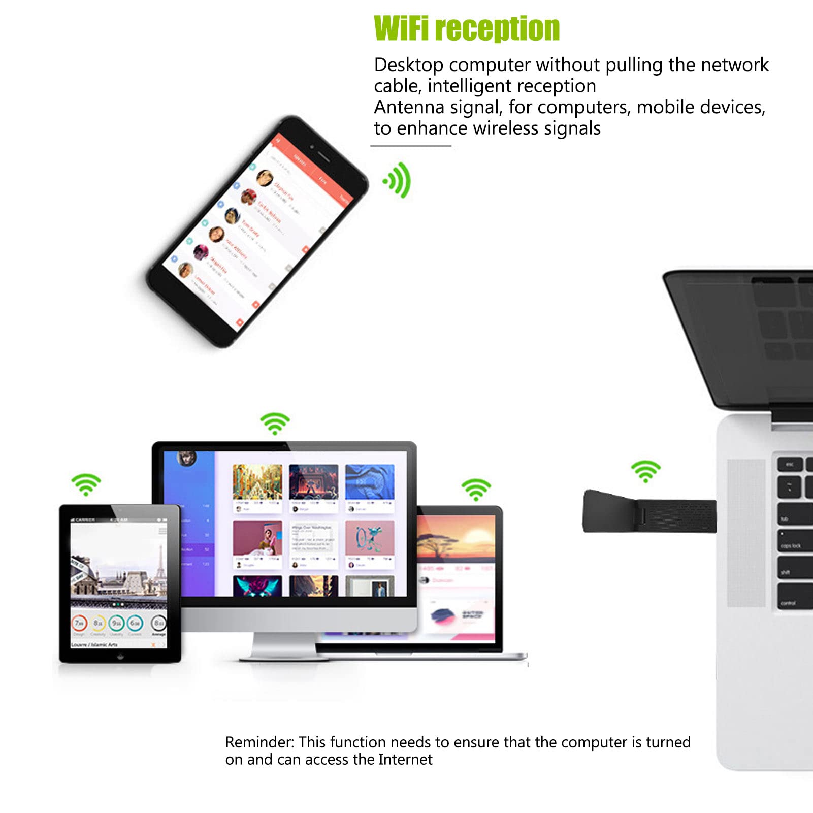 Adaptateur Sans Fil USB3.0, WIFI Partagé, Deux Bandes de Fréquence 2,4 GHz 600 MBps 5,8 GHz 1300 MBps, Antenne à Gain Élevé Intégrée, Technologie 11AC de Bande de Fréquence 5,8 GHz pour Win pour Linux