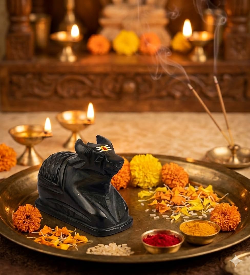 Gameshub Premium Handcrafted Black Stone Nandi Idol for Home Temple (2 Inch Height, 3 Inch Length) | Natural Black Marble Nandi Bull Statue for Making Small Shivling Pair Pooja & Vastu Vahana Decor-image-14