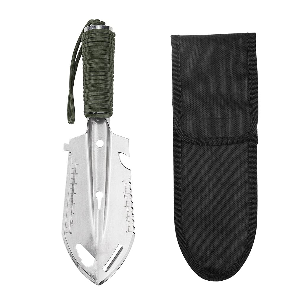 PLCatis Camping Shovel Mini Metal Detecting Shovel 7x 26cm Super Lightweight Small Serrated Trowel Stainless Steel Multifunctional 9-in-1 Garden Shovel Digging Tool for Camping Hiking Backpacking