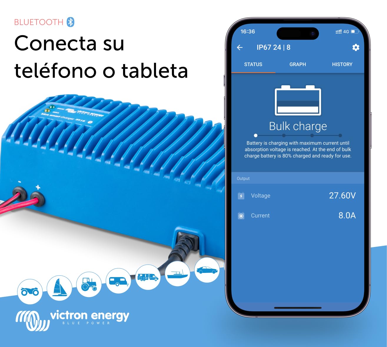 Victron Energy Blue Smart IP67 24-Voltios 8 amperios 230V Cargador de batería Bluetooth (CEE 7/7)