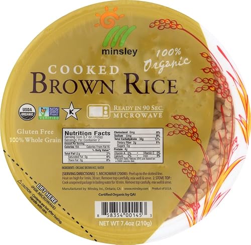 Minsley Tazón de arroz integral cocido, 100 % orgánico, listo para microondas en 90 segundos, cuencos de 7.4 onzas, paquete de 12