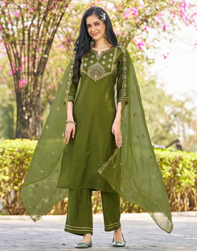 Image of SIRIL Rayon Viscose Suit Set for Women | Sequence Embroidery Kurta with Pant & Dupatta | Straight Kurta Set