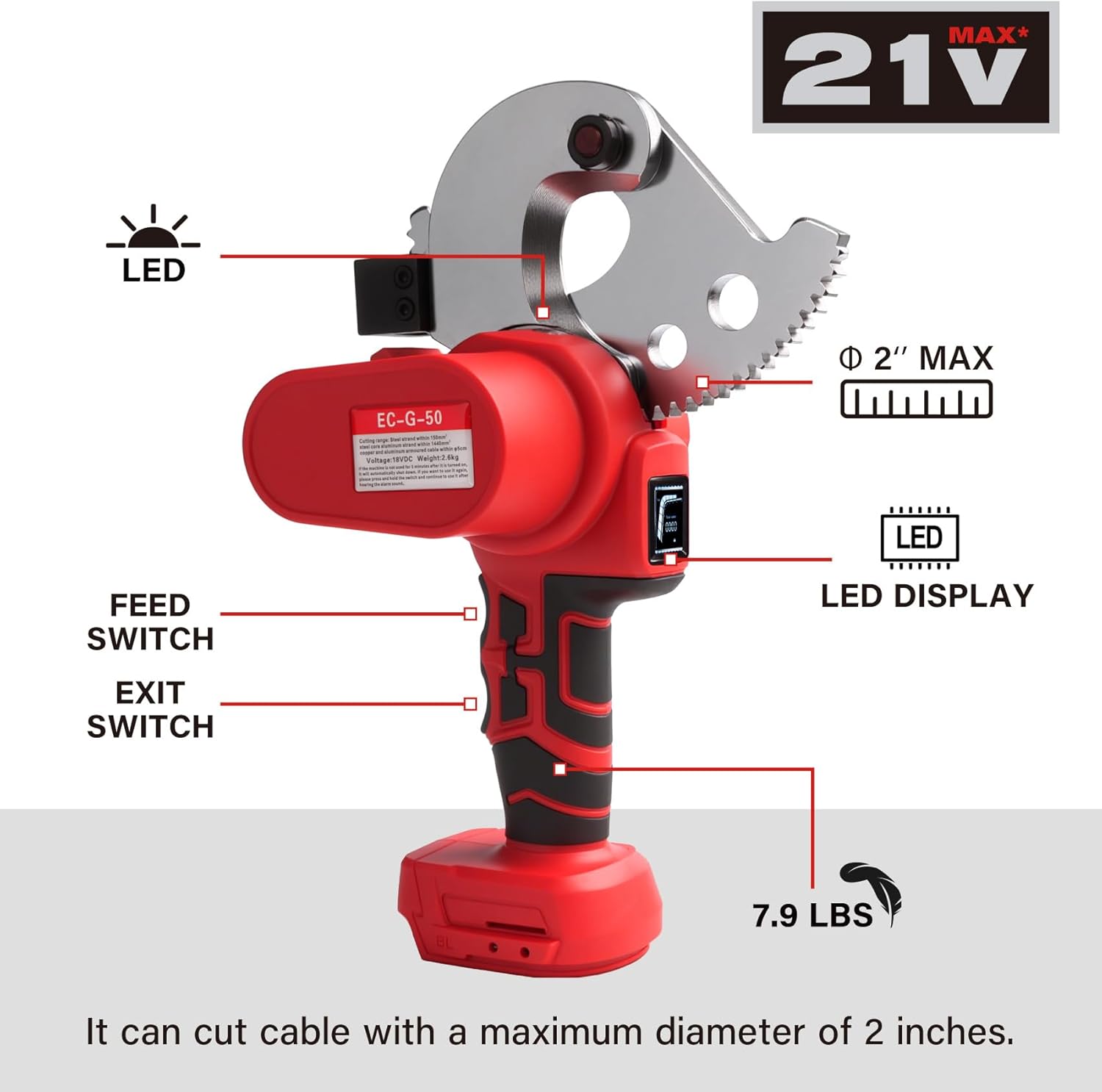21V Ratcheting Cable Cutters Cordless Heavy Duty (1000 MCM Copper/Aluminum, 1590MCM ACSR, Armored Cables, Rebar) Battery Electric Portable Copper Wire Cutting with LED Screen, Alloy Steel Blades