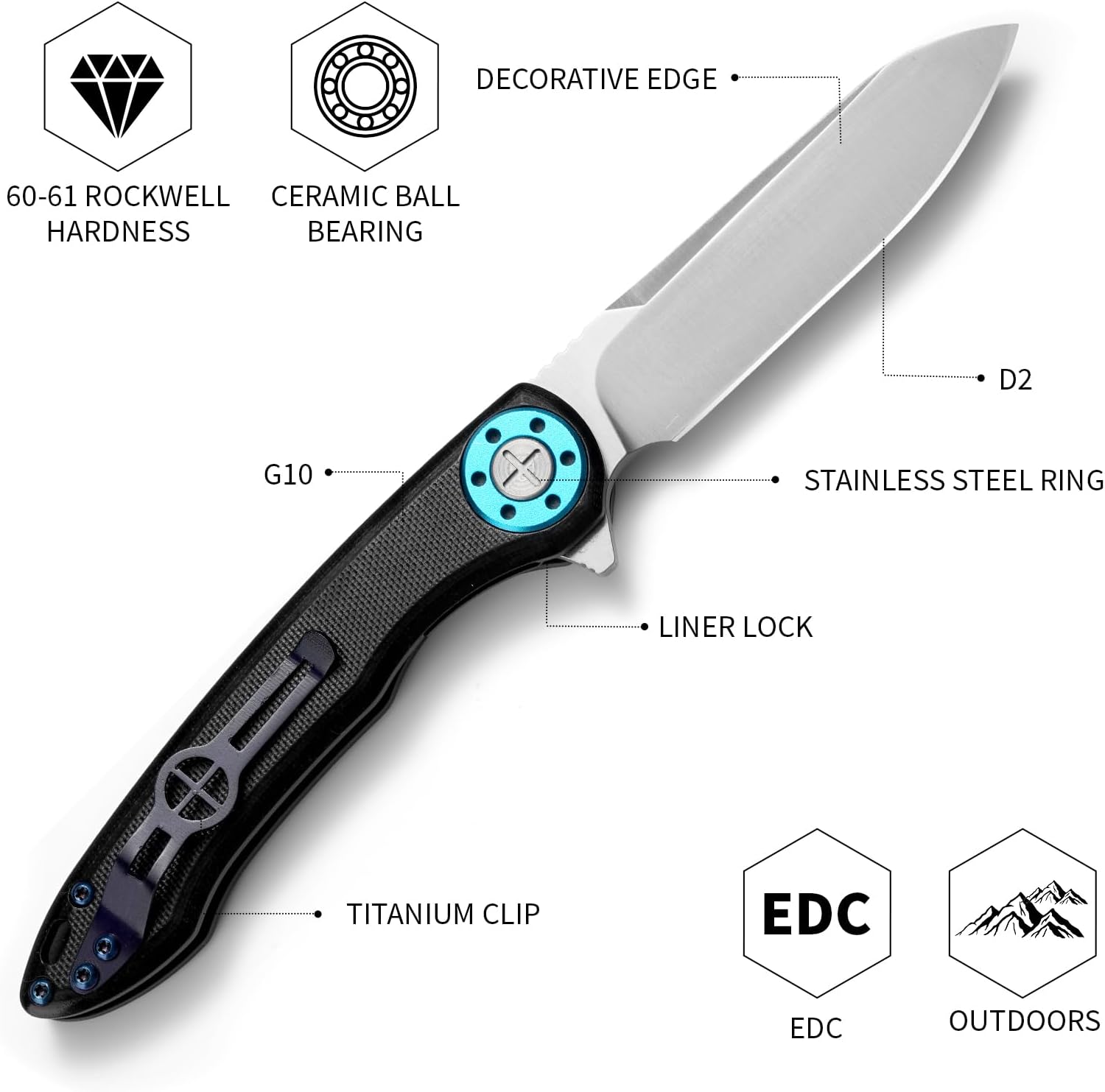 Tactical Folding Knife, 7.8in with 3.3" D2 Blade, G10 Handle, Ambidextrous, Silver, Camping Survival EDC Pocket Knife with Clip