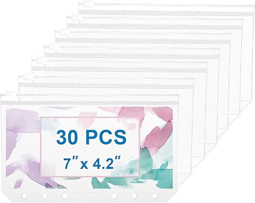Miniatura 2 de QiXin - 30 piezas de bolsillos para carpeta A6 con 6 agujeros, carpetas con cremallera transparentes de PVC, bolsas de hojas sueltas para tarjetas,