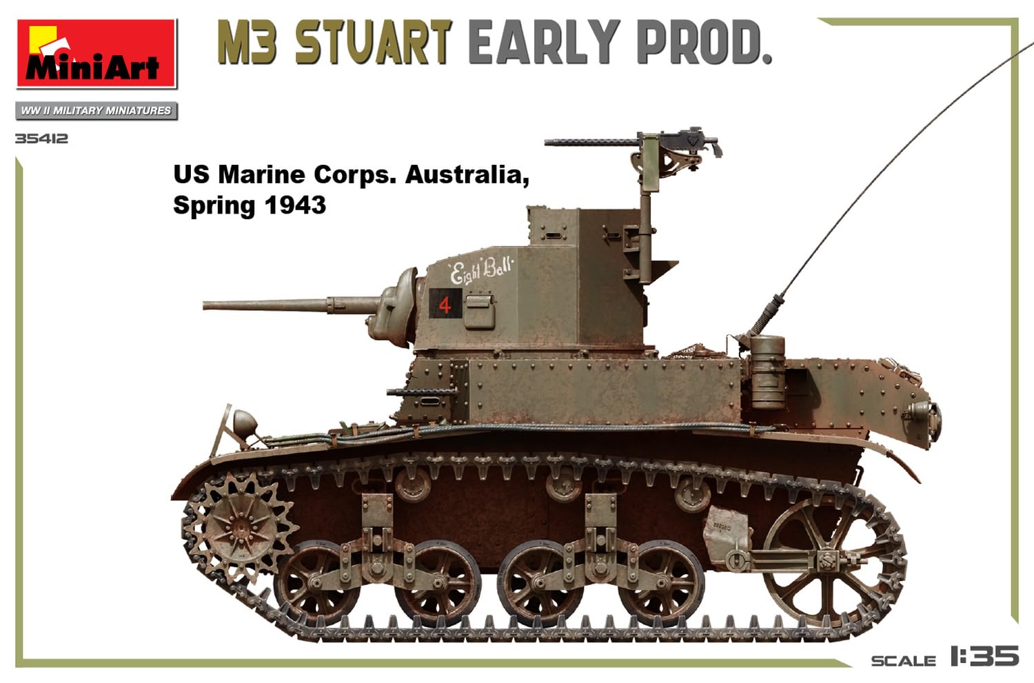 Mini Art 35412 1:35 M3 Stuart. Wczesna produkcja - wierna replika, modelarstwo, plastikowy zestaw do budowania, majsterkowanie, hobby, klejenie, zestaw modelarski, montaż, nielakierowany