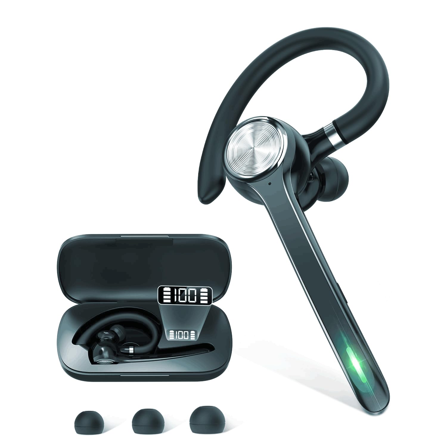 HEIBAS Bluetooth Headset, Wireless Bluetooth Earpiece with 500mAh Charging Case 72 Hours Talking Time Built-in Microphone for iOS Android Cell Phone, V5.1 Hand-Free Headphones for Trucker, Office-Dark