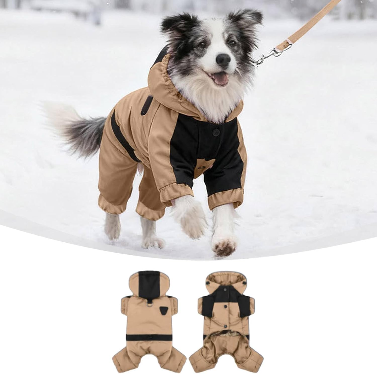 Warm Dog Coat with Hood,Dog Winter Coat 4 Legs Covered Waterproof Snowproof Winter Snowsuit for Puppy Adjustable Thermal Warm Snowsuit for Cold Weather Full Body Jacket (Khaki, L)
