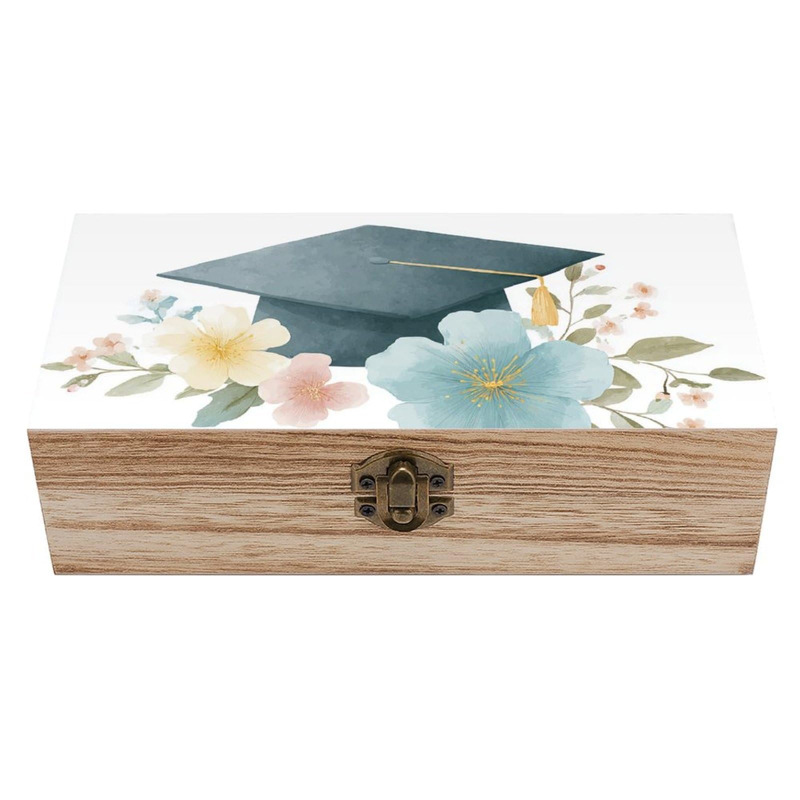 asbwuo Graduation Cap And Flowers Wooden Storage Box with Hinged Lid