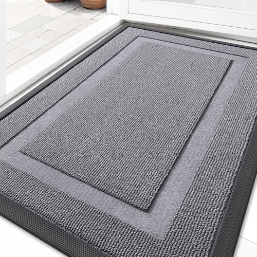 Image of OLANLY Front Door Mat Indoor Outdoor Entrance, Waterproof All-Season, All-Weather Doormat, Sturdy Natural Rubber, Low Profile, Easy Clean Patio Porch Entryway Mat, 29.5x17, Classic Gray