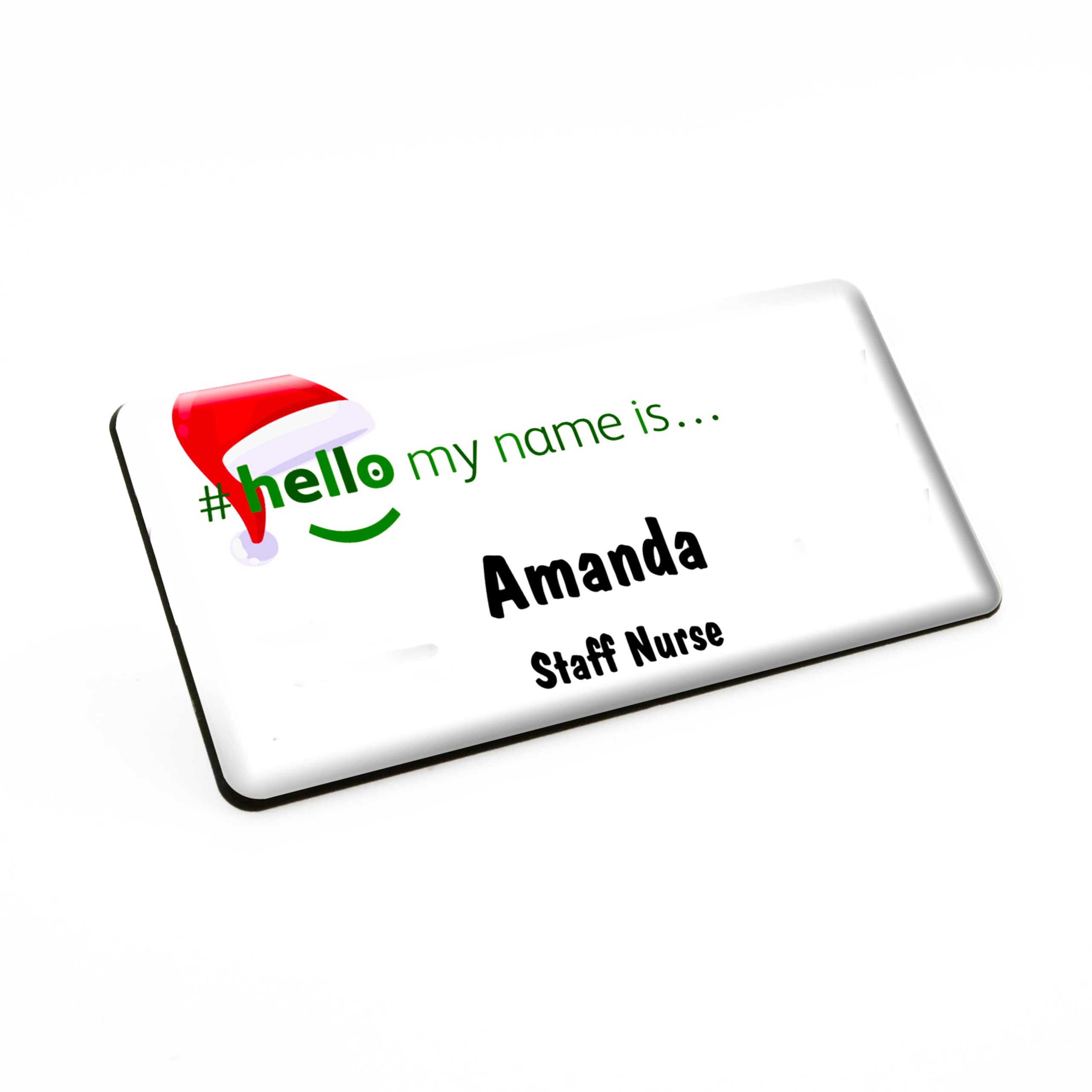 Badgemaster Hello My Name is Christmas Santa Hat Premium Durable Staff Name Badge 76 x 38mm White/Black