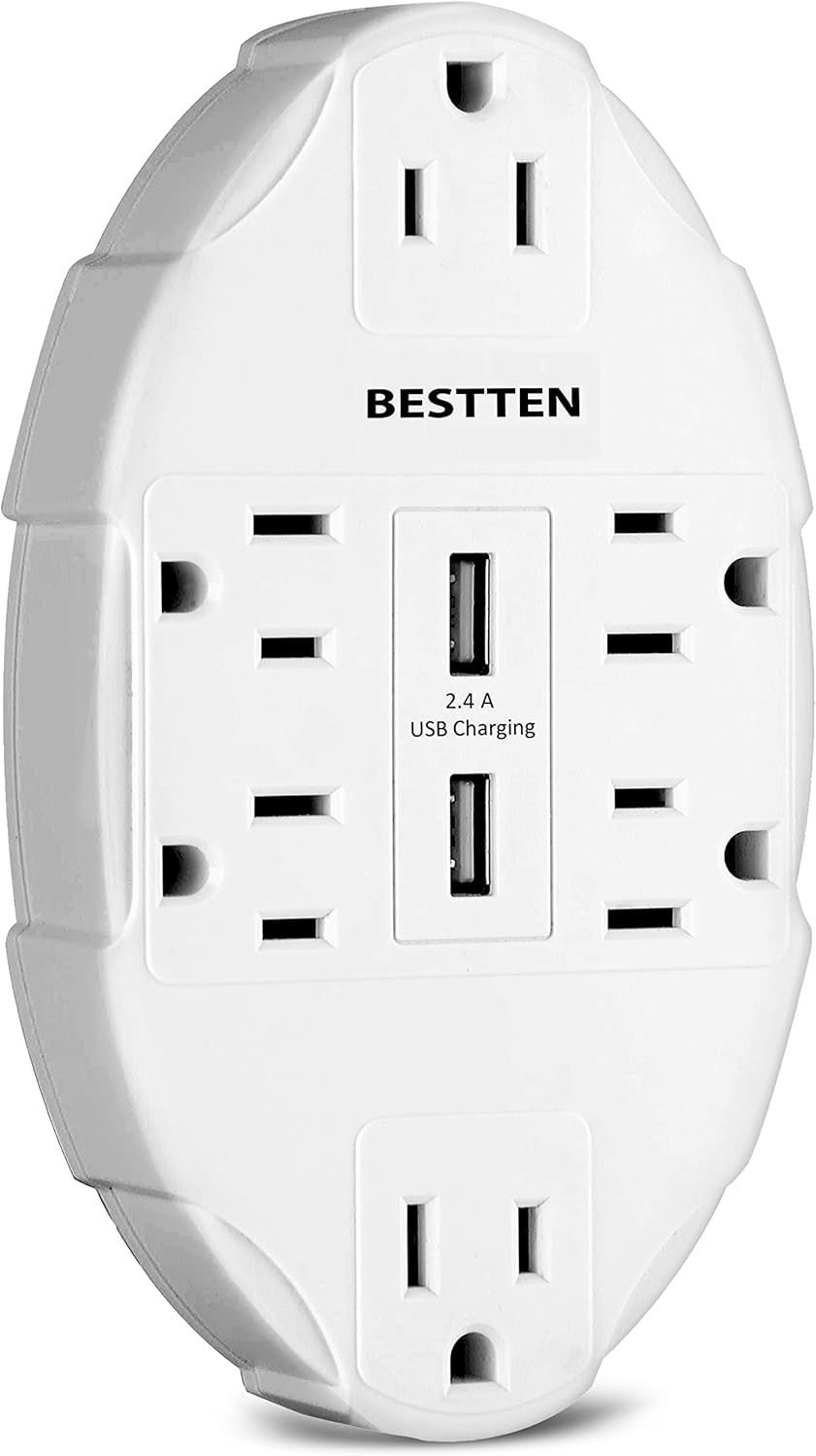 BESTTEN Wall Mount Multi Outlet Surge Protector with 2.4A Dual USB