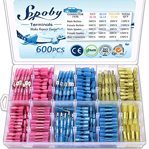 600PCS Heat Shrink Connectors - Sopoby Butt Connectors & Spade Connectors & Bullet Connectors - Electrical Wire Crimp Connectors - Insulated Automotive Marine Wire Terminal Kit