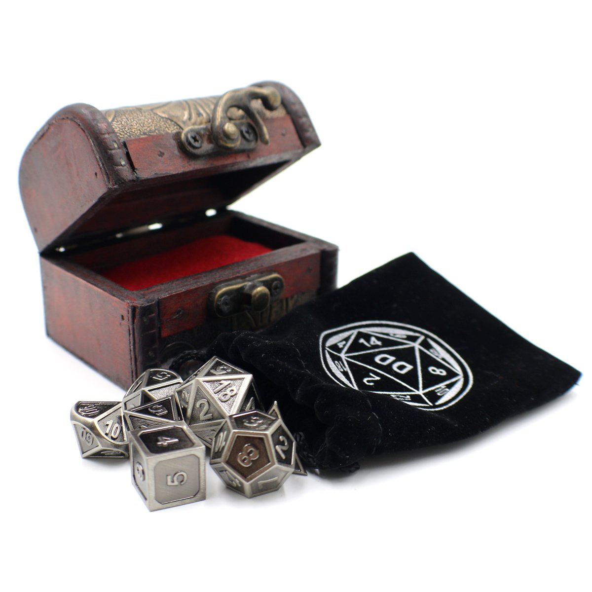 Jeu de dés en métal avec bordure argentée et coffre de rangement pour jeux de table
