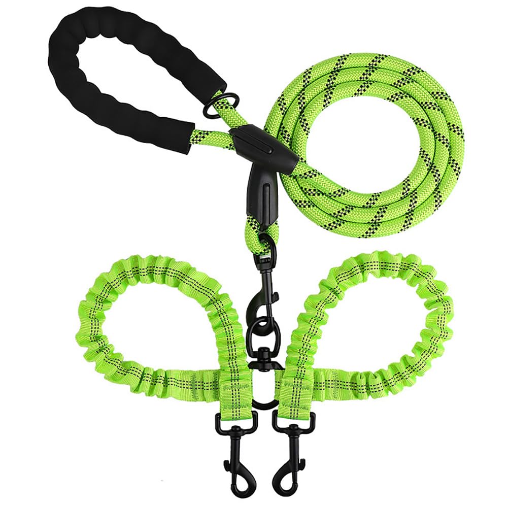 Double Dog Leash for Two Dogs, Reflective Shock Absorbing Bungee Dual Dog Leashes Lead 360° Swivel No Tangle for Small Medium Large Dogs Walking Training (Green)