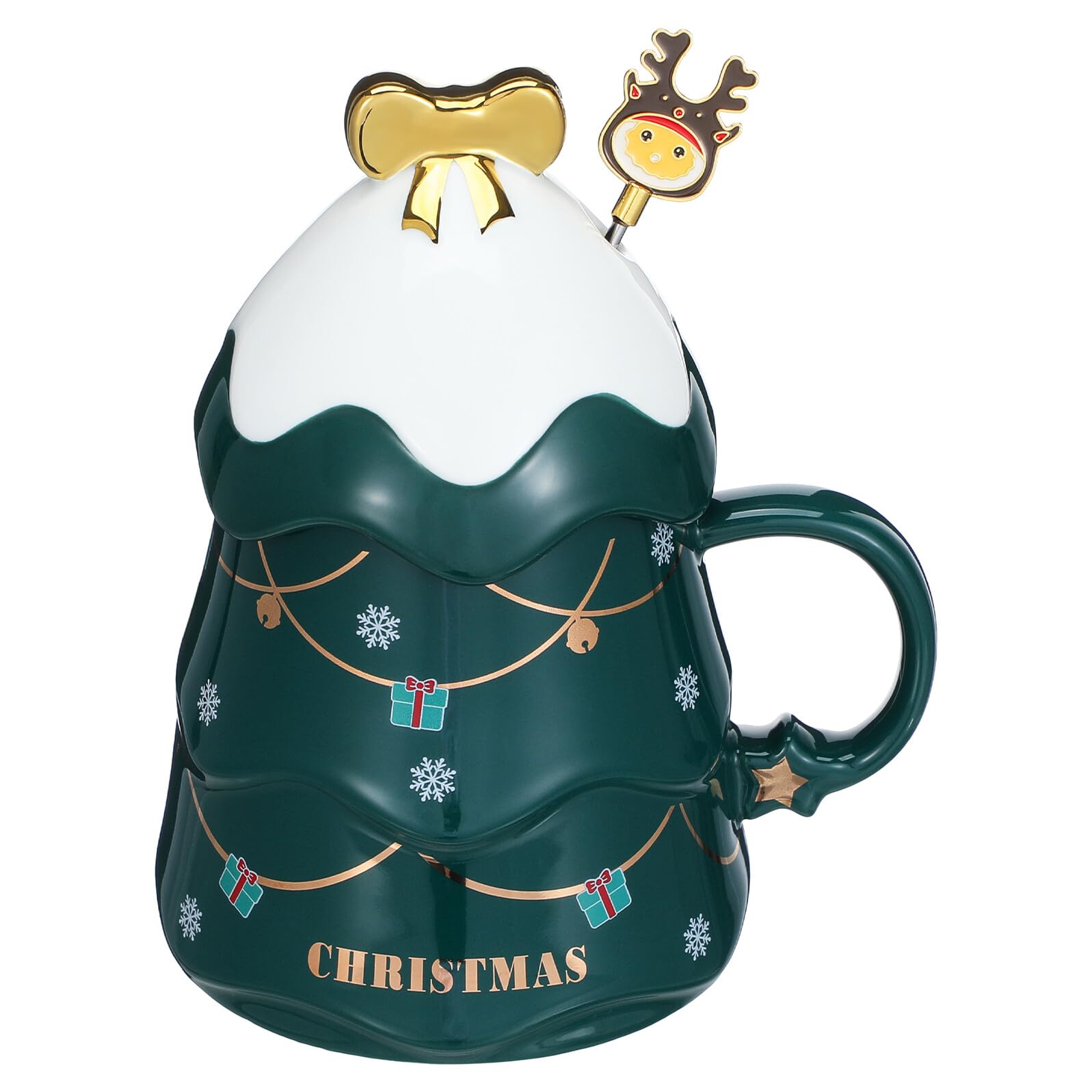Uonlytech Juego de Taza Navideña de Cerámica Forma de Árbol, Capacidad 500ml, Tapa y Cuchara, Adecuado para Oficina y Café en Familia