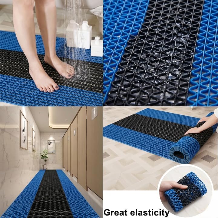 Image of TIB Anti Skid Waterproof PVC Rubber Mat for Bathroom, Floor, Swimming Pool, Shower, Entrance & Rainy Areas | Multipurpose Dual Colour Floor Mat,2x16 Feet,Black & Blue