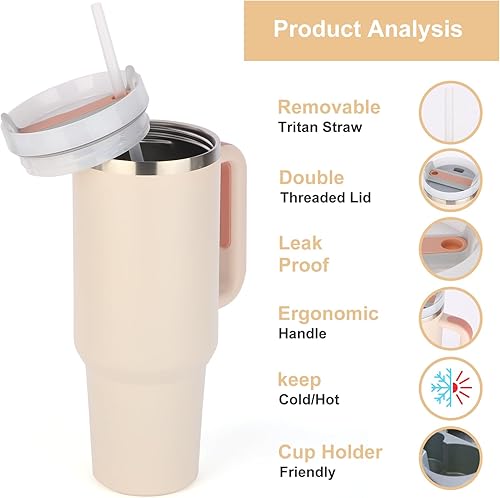 Miniatura 5 de YTTL Vaso de 40 onzas con asa y popote, vaso aislado de 40.6 fl oz, reutilizable, acero inoxidable, aislamiento térmico, vaso a prueba de fugas,