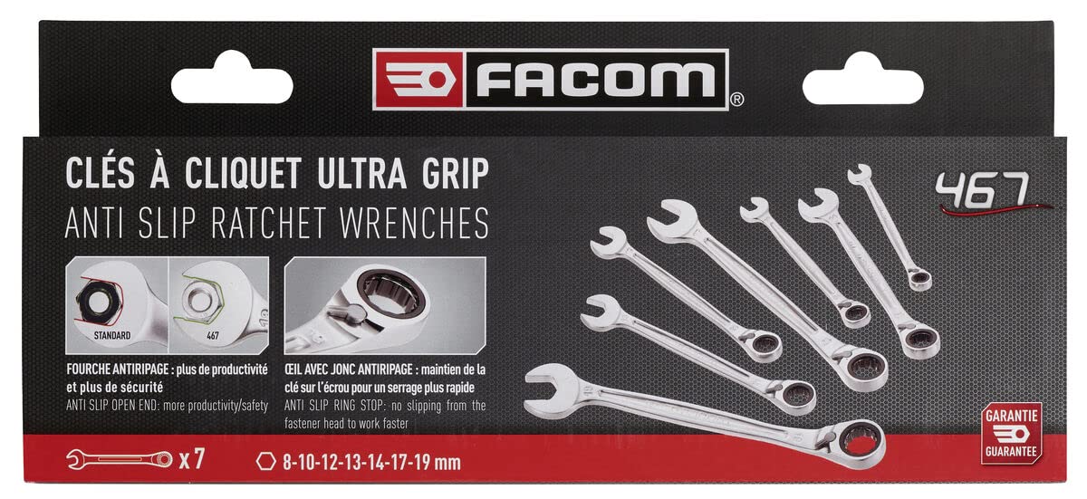 FACOM Jeu de 7 Clés Mixtes à Cliquet Métriques 8 à 19 mm - Système Ultra-Grip Antidérapant - Mécanisme à Cliquet Compact Réversible Par Levier - Résiste Aux Produits Chimiques