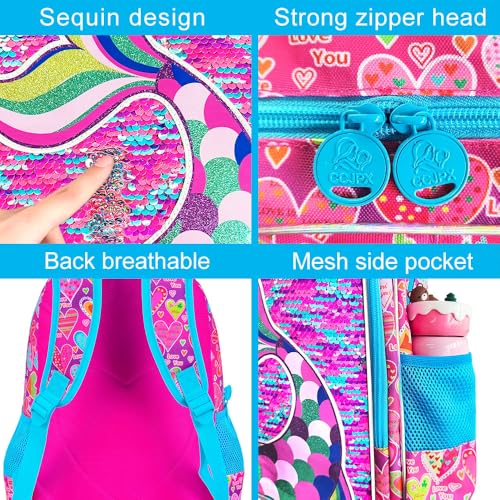 Image of CCJPX 3Pcs Mermaid Backpack, 16 inch Girls Sequin Bookbag with Lunch Box, Kids Water Resistant Elementary School Bag for Kindergarten Preschool Toddler (Rose)