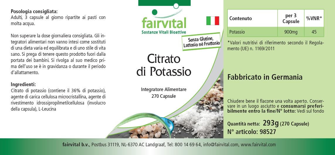 fairvital Citrate de potassium en gélules, HAUTEMENT DOSÉ, 300mg de potassium par gélule, VÉGÉTALIEN, Potassium Citrate, 270 gélules