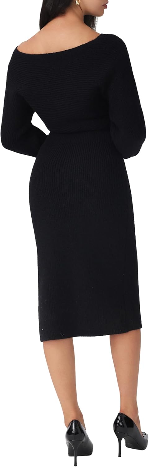 CIDER Off Shoulder Knit Dress Women's Elegant Bodycon Slit Midi Dress - Image 5