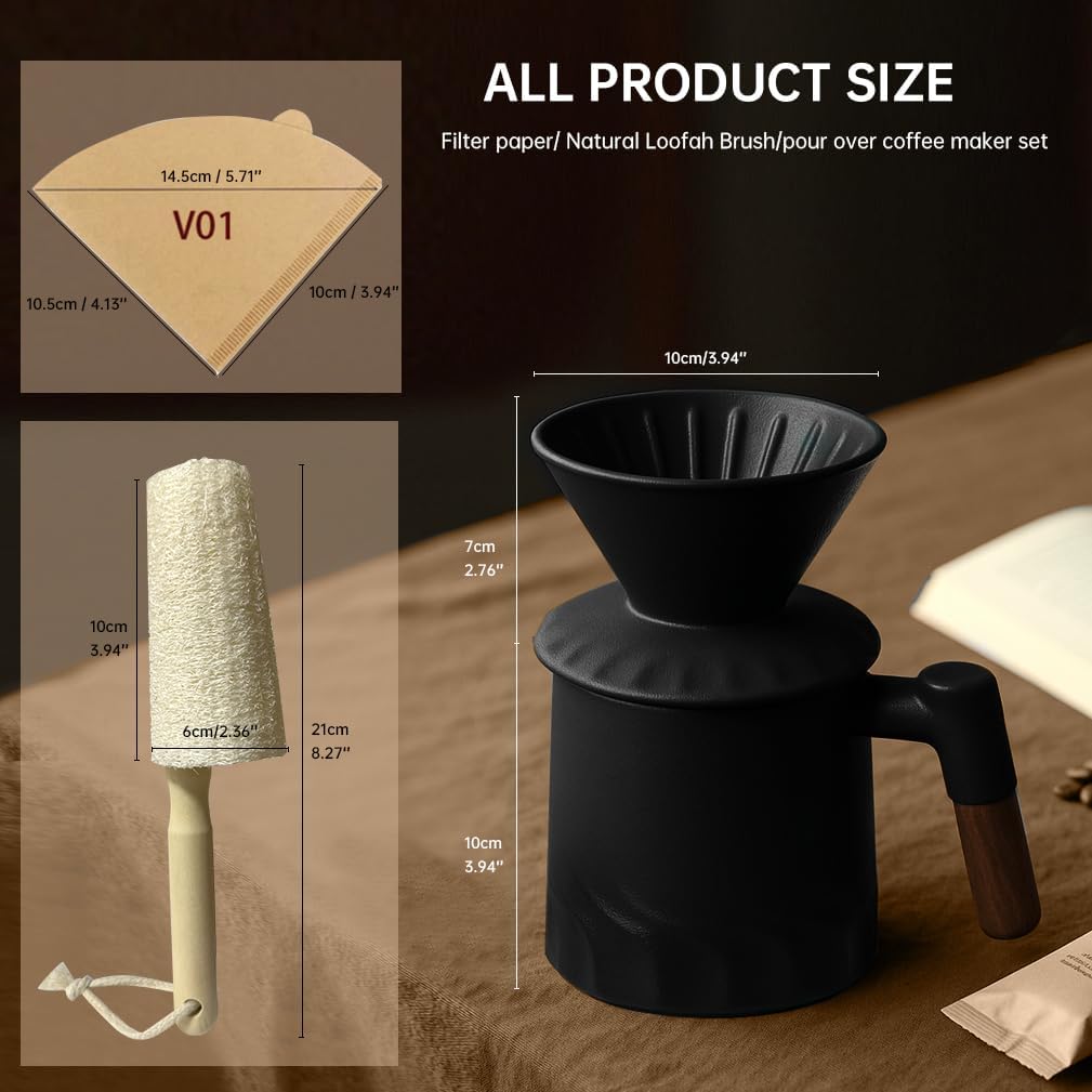Pour Over Coffee Maker Set, Ceramic Pour Over Coffee Dripper 15.5oz/450 ml with 25 Pcs V60 Paper Filter, Coffee Pour Over Set for Camping, Black