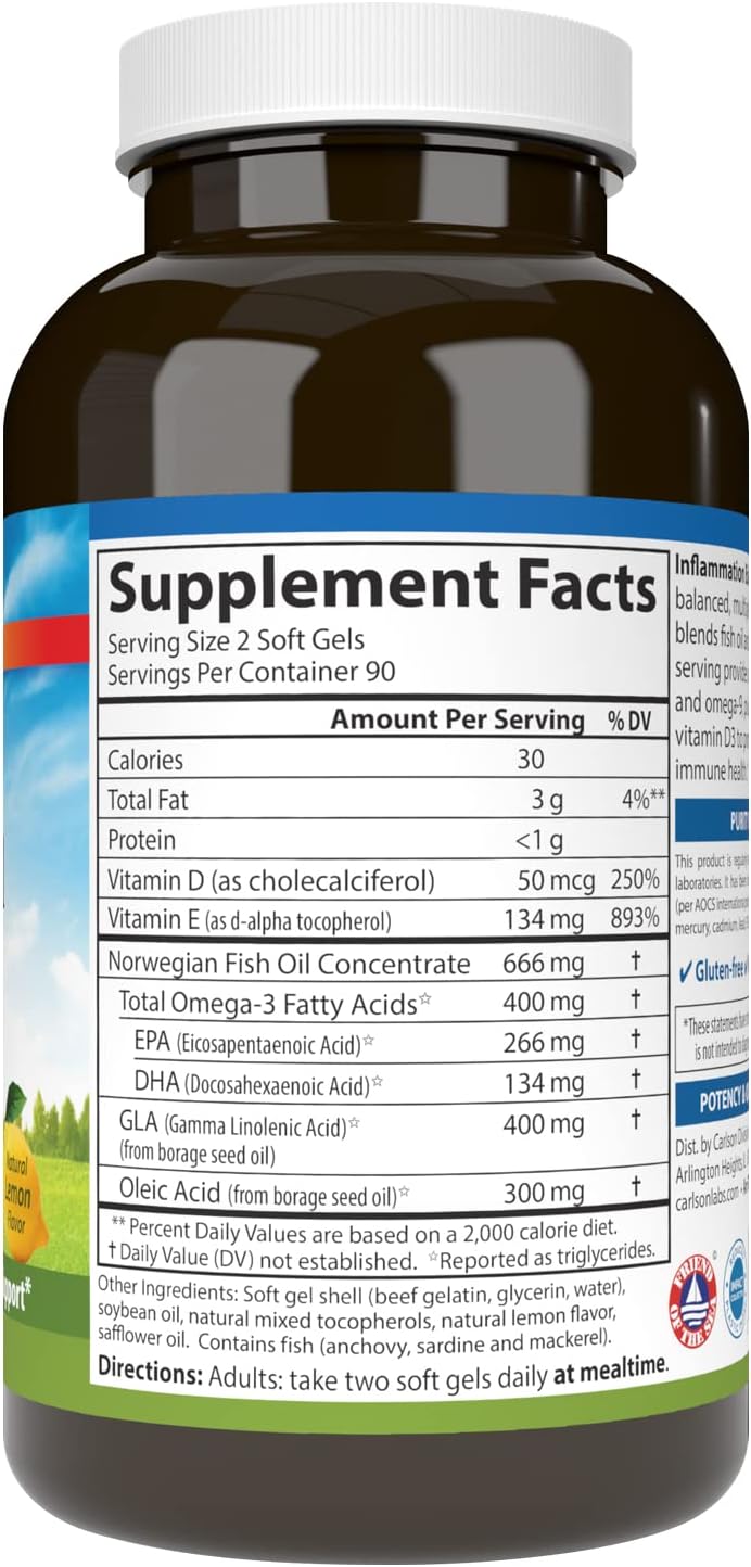 Carlson - Inflammation Balance, Balanced Omega-3 & Omega-6 Ratio, with D3, Norwegian, Wild-Caught Fish Oil Supplement with Fatty Acids, Sustainably Sourced Fish Oil Capsules, 180 Softgels - Image 2