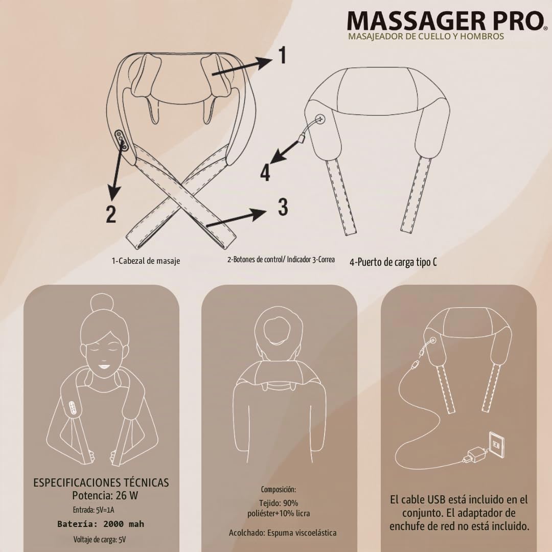 Masajeador de Cuello y Hombros Massager Pro, Función de Calefacción, Masajeador Cervical, Alivia tensiones y dolores en el cuello, hombros, 3 velocidades, Inalámbrico y recargable