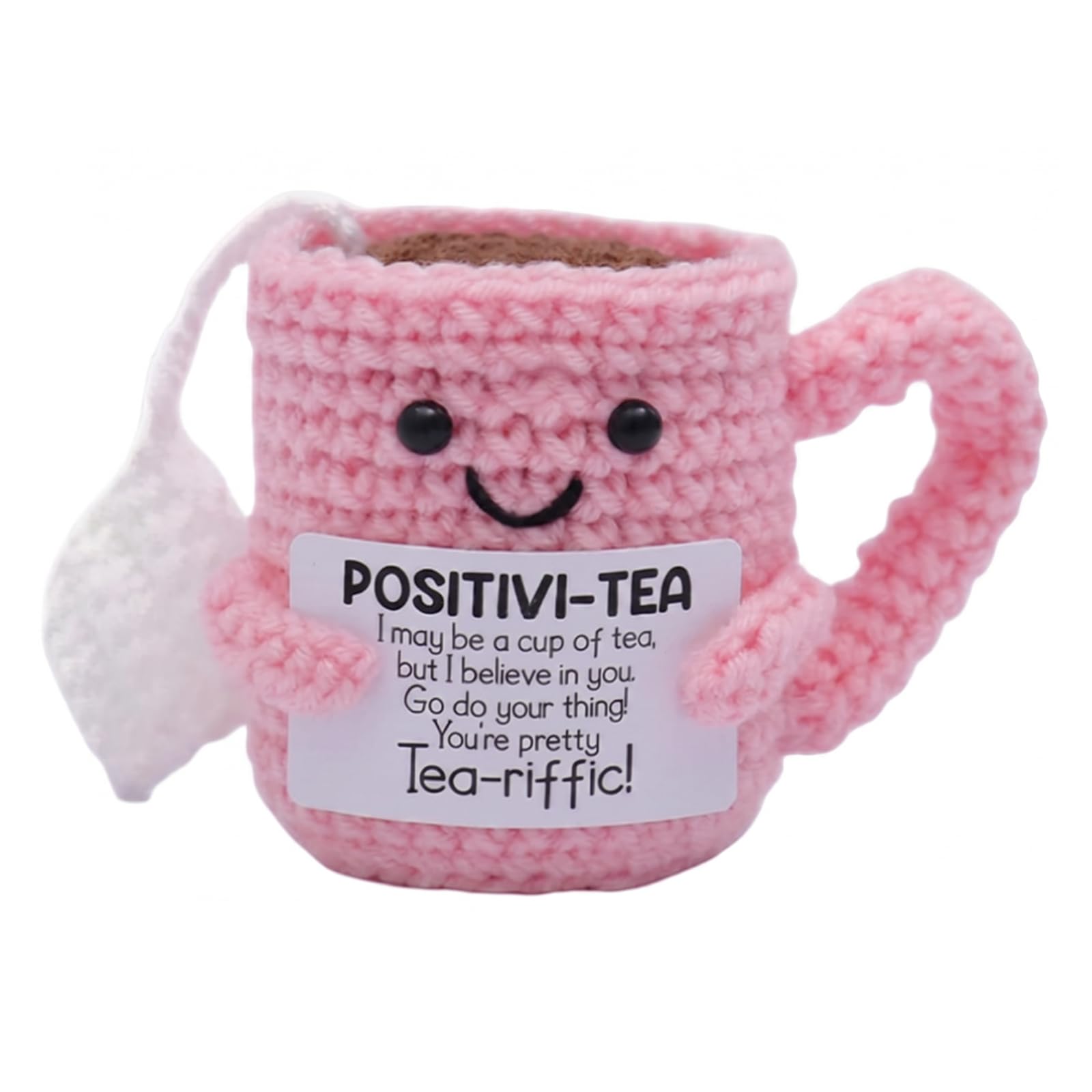 Handmade Crochet Tea Cup Emotional Support Crochet Gift, Positive Crochet Motivational Keepsake with Inspirational Card, Good Luck Ornament for Friends, Colleagues, Office Desk & Bedside Decor
