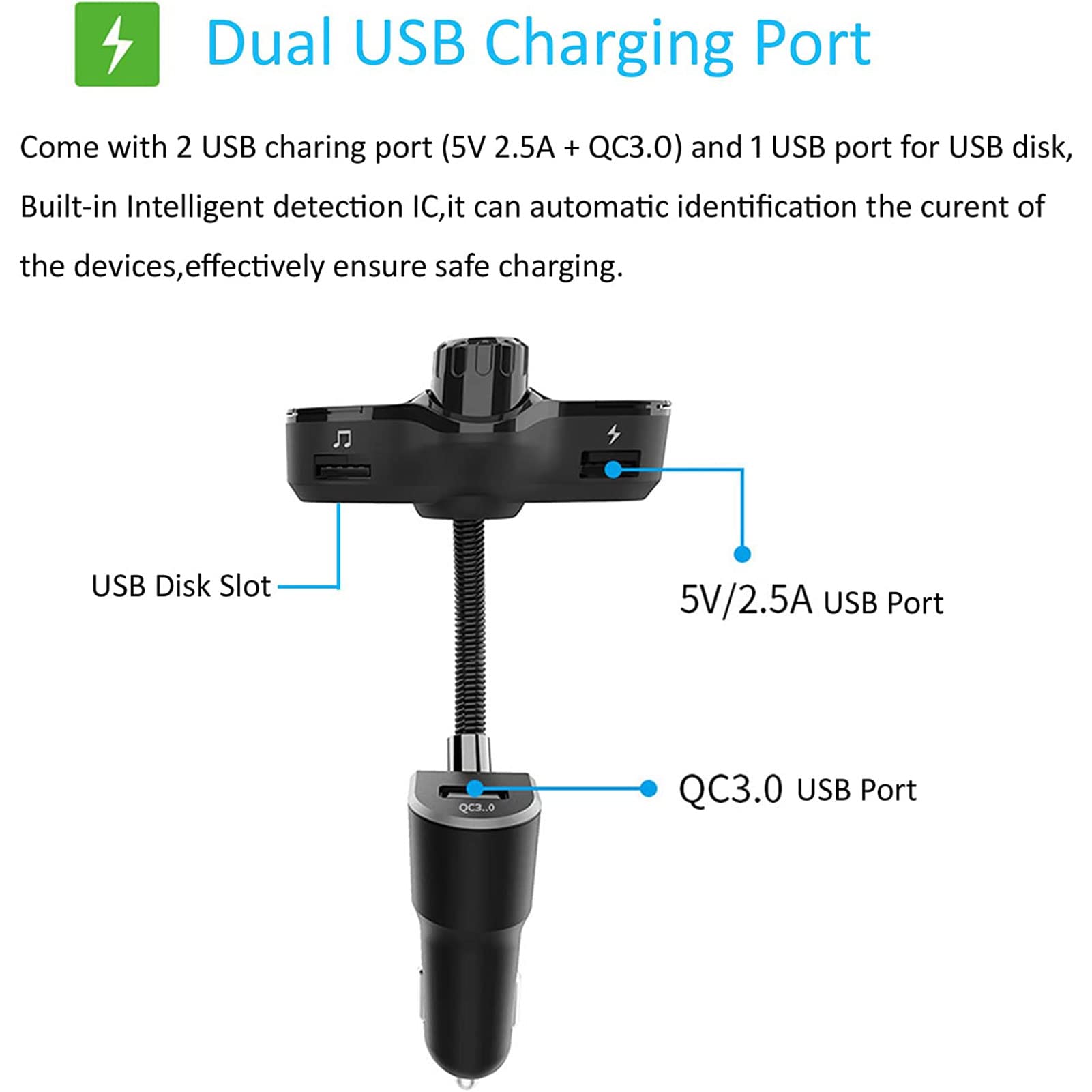 Kettles Transmisor de FM de Bluetooth para automóvil, Adaptador de transmisor de Radio de automóvil Bluetooth MP3 Music Player Manos Kit de Coche Libre QC 3.0 Adaptador de Cargador de automóvil