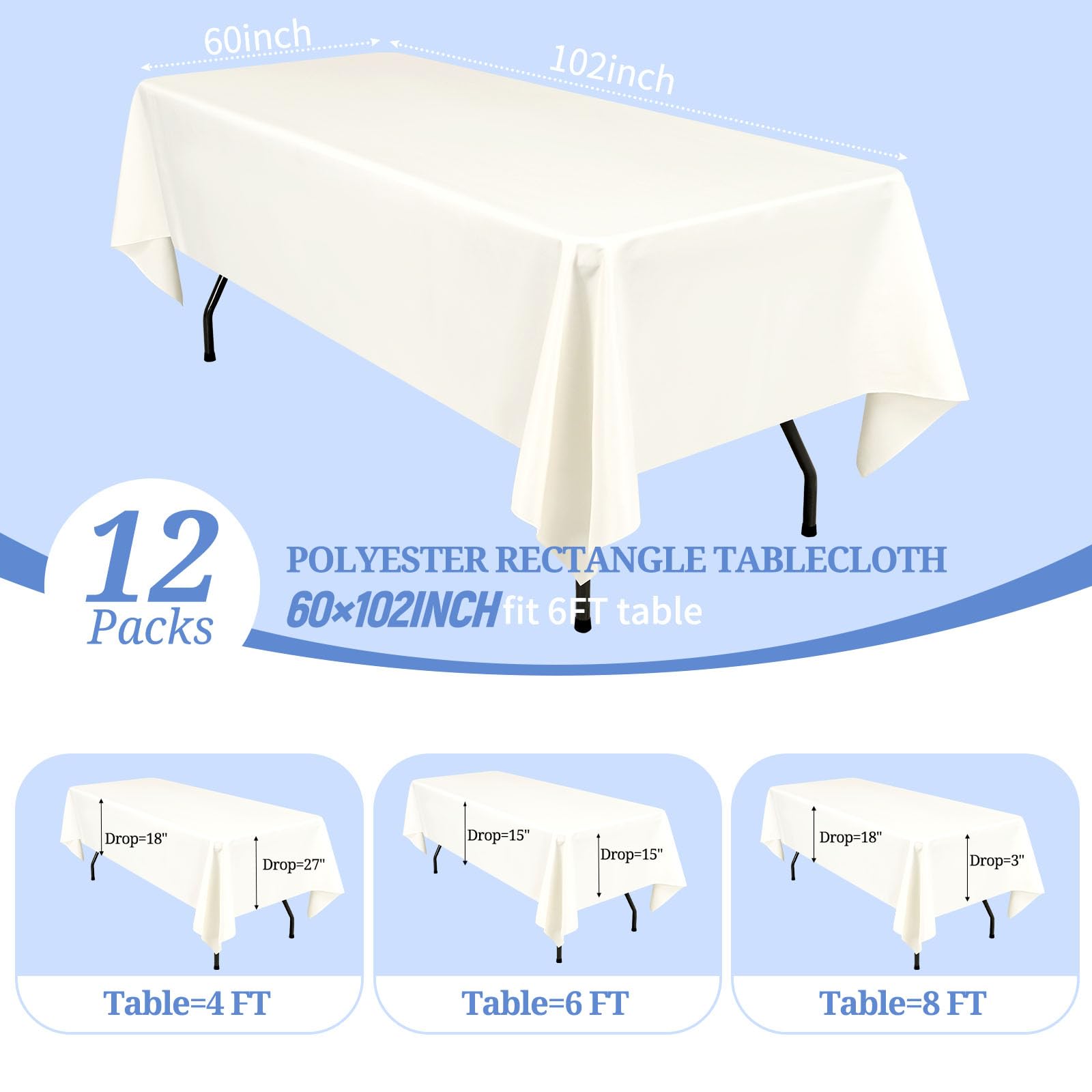Pesonlook 12 pacchetti di tovaglia in poliestere in avorio-60 x 102 pollici di rettangolo lavabile avorio per tavoli da rettangolo da 6 piedi per matrimonio/festa a buffet/tavolo da pranzo/eventi