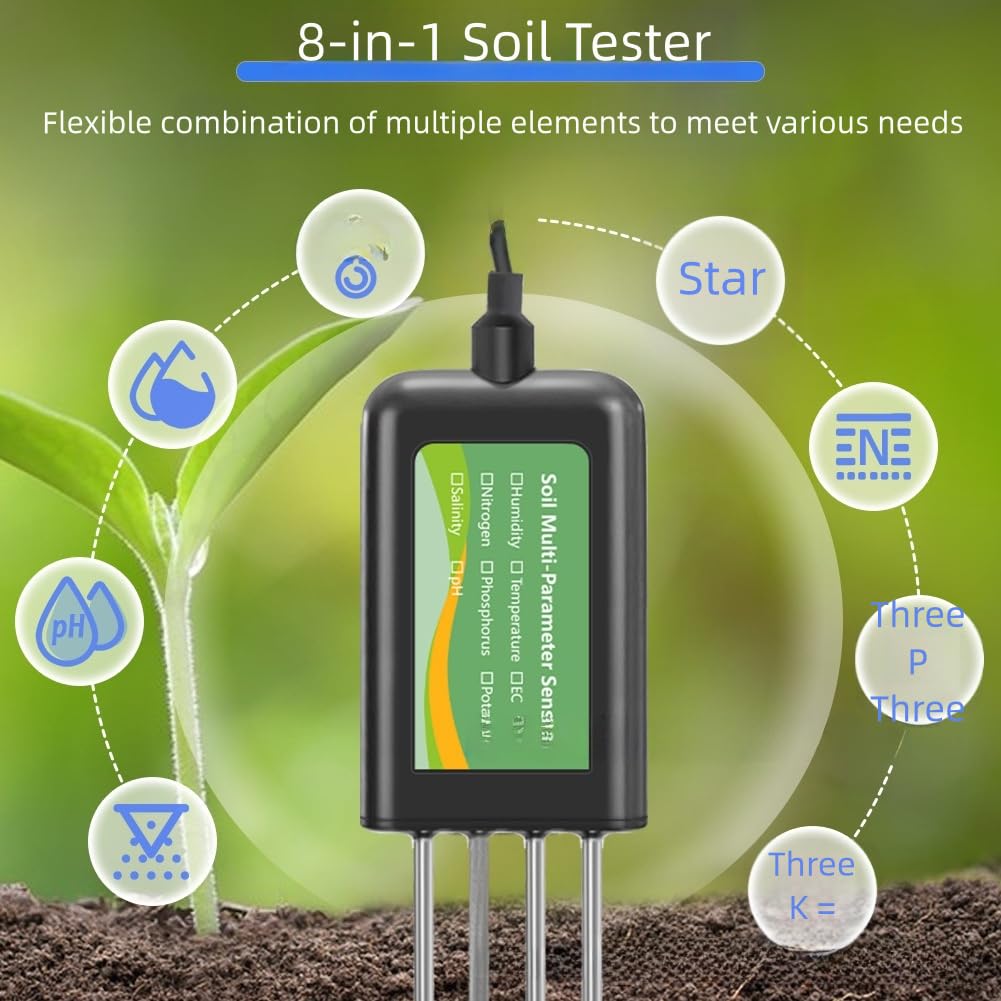 Probador de suelo USB con detección multiparámetro 8 en 1 para NPK pH humedad temperatura salinidad conductividad, sonda de acero inoxidable impermeable IP68