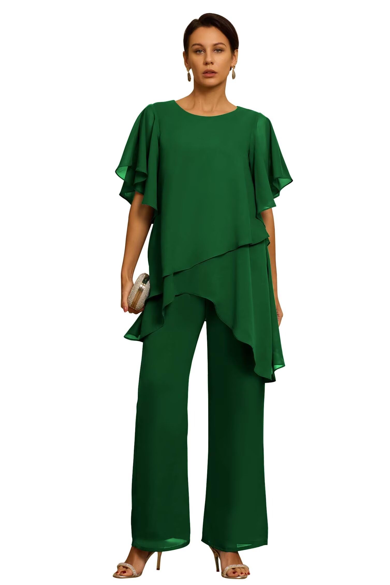 Short Sleeves Mother of The Bride Pant Suits for Wedding Chiffon Scoop Neck Wedding Guest Party Formal Outfit