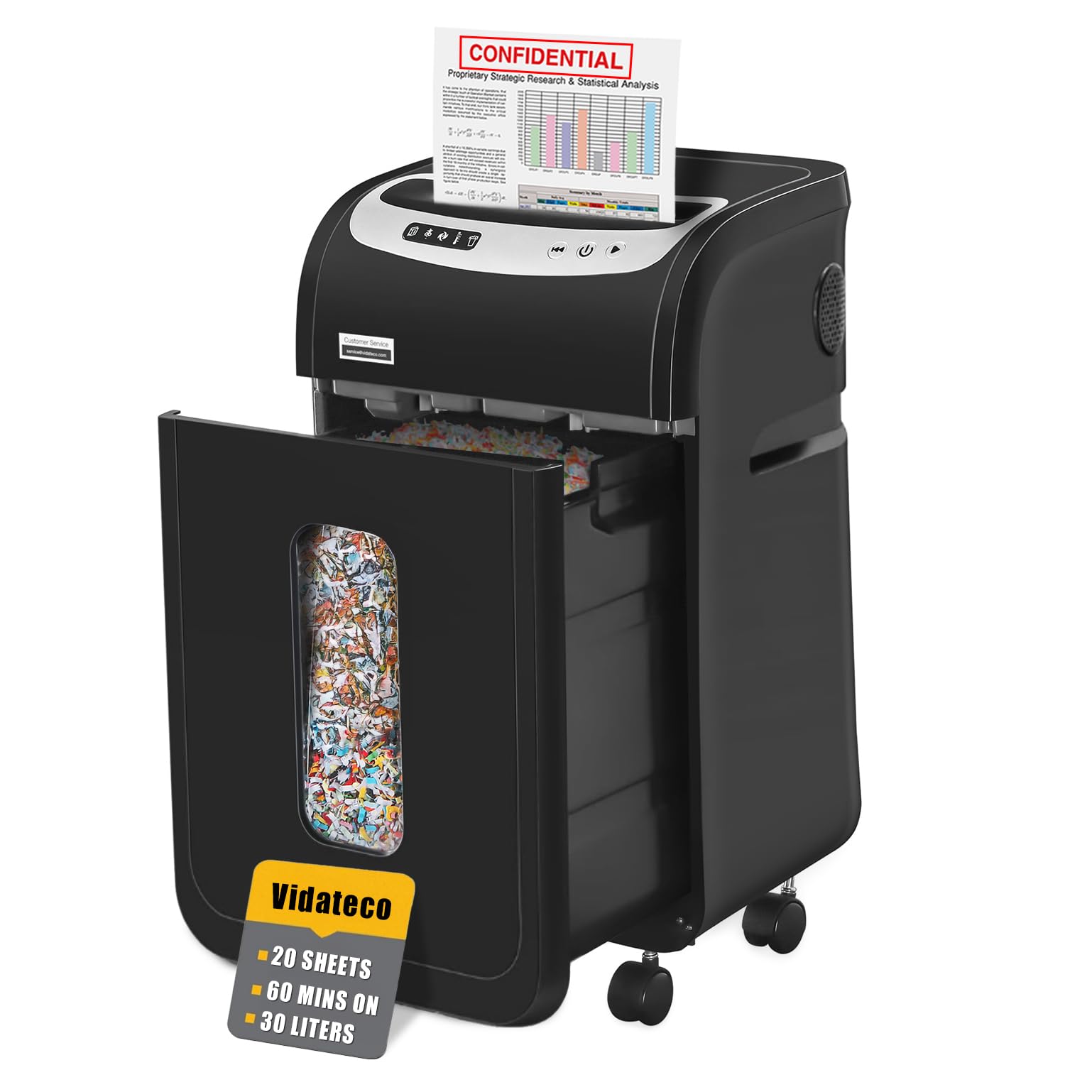 VidaTeco 20 Sheet Cross Cut Paper Shredder Heavy Duty, P-4, 30L Bin | 60-Min Runtime, Shreds Paper, Cards, Staples & Clips, Jam-Proof, Home Office with 30L Pullout Bin and 4 Casters