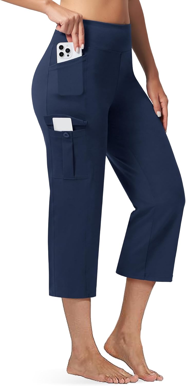 Casei Women's 21" Yoga Capris High Waisted with Pockets Cargo Capri Pants Straight Leg Casual Workout Travel Cropped Pants