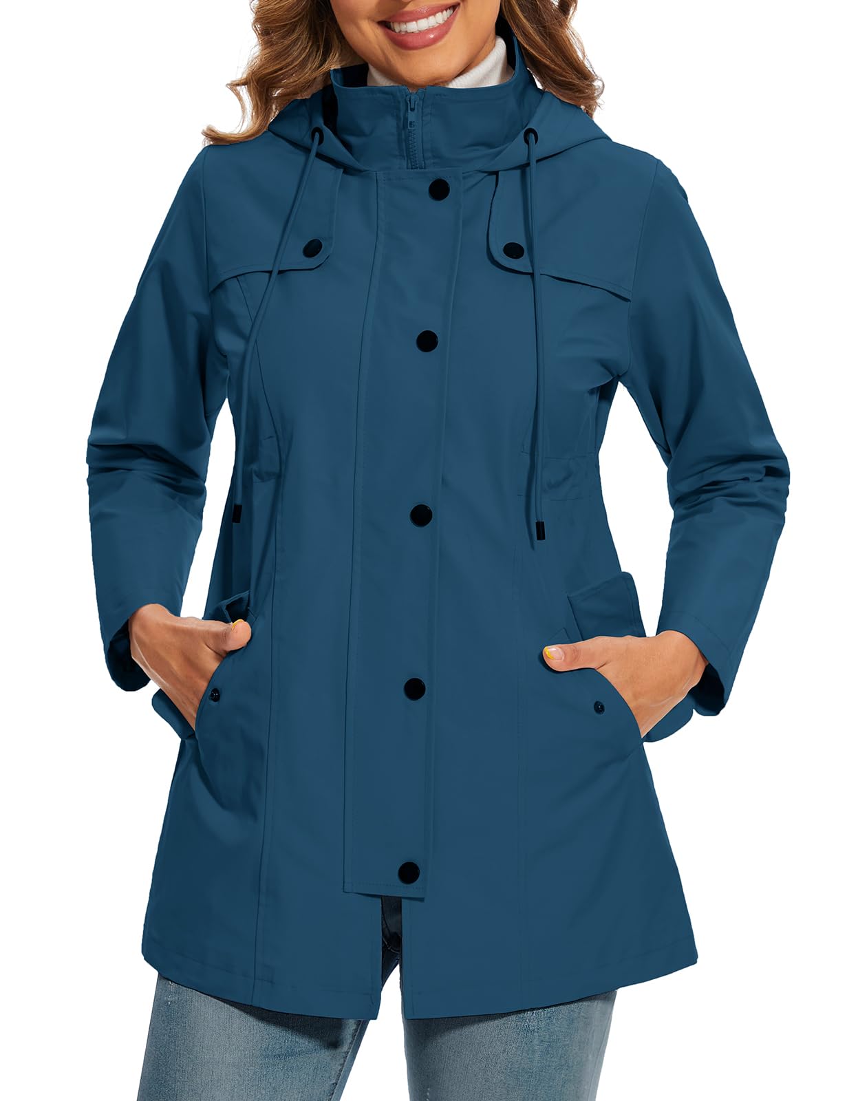 Chubasquero Mujer Impermeable Trench Chaqueta de Lluvia Largo Chaqueta Cortaviento para Mujer con Capucha Ligera Gabardina Impermeable al Aire Libre