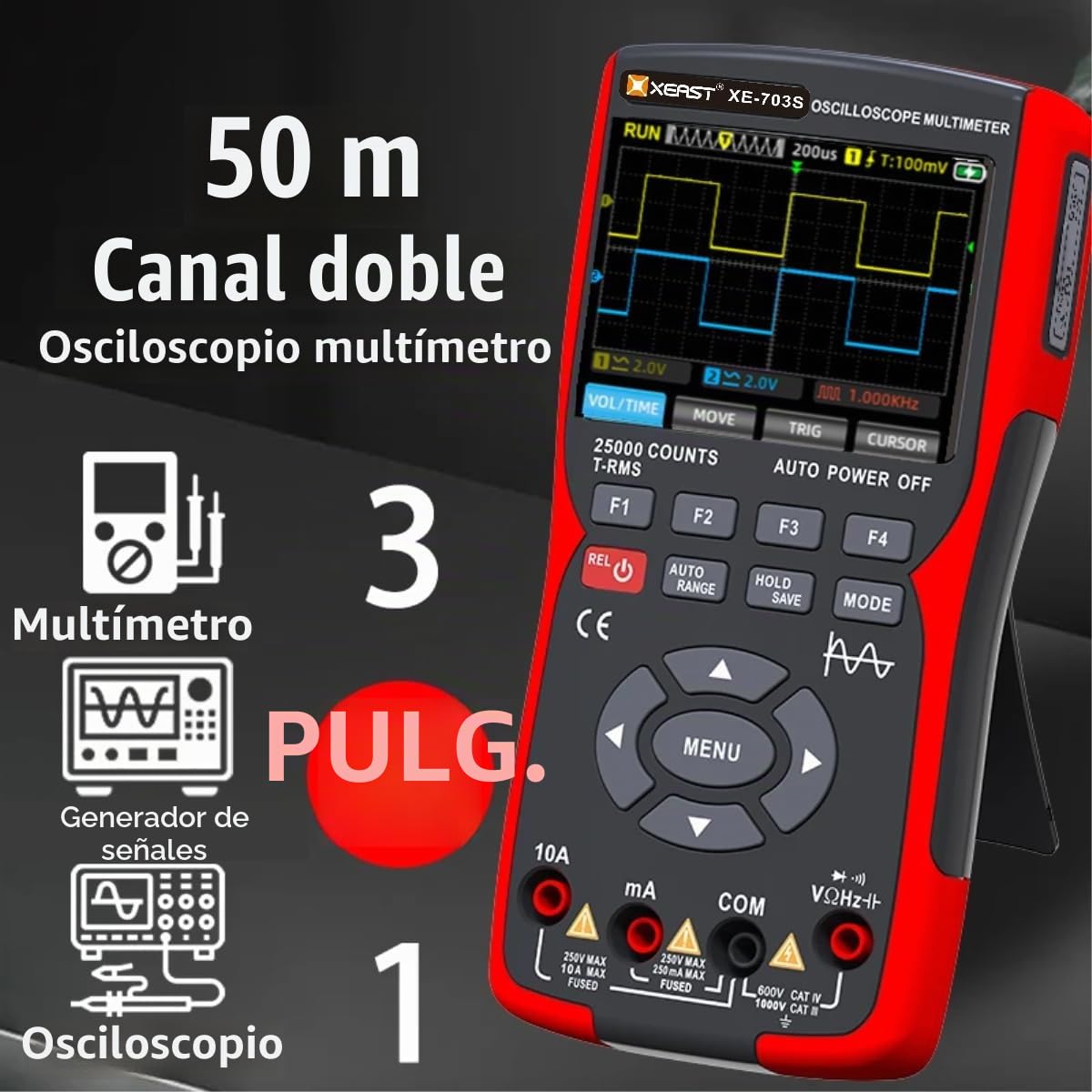 Osciloscopio de dos canales de ancho de banda de 50MHz, 25,000 recuentos multímetro digital, generador de señal DDS, pantalla LCD de 3,5 pulgadas probador de potencia 3 en 1, 280 MSa/s Osciloscopio