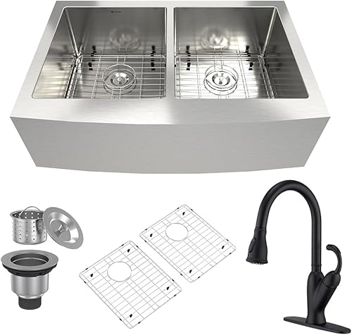 MONDAWE Lavabo de doble cuenco para fregadero de cocina con combo de grifo, fregadero de granja 33 y grifo de cocina extraíble negro mate