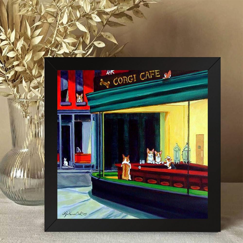 GADGETS WRAP Printed Photo Frame Matte Painting for Home Office Studio Living Room Decoration (10x10inch Black Framed) - Corgi Cafe After Hopper