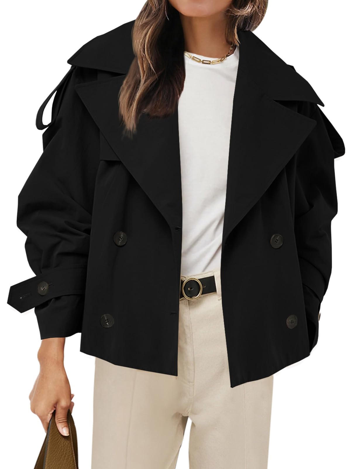 Tankaneo Womens Cropped Trench Coat Casual Double Breasted Short Jacket Fall Fashion Outerwear with Belt