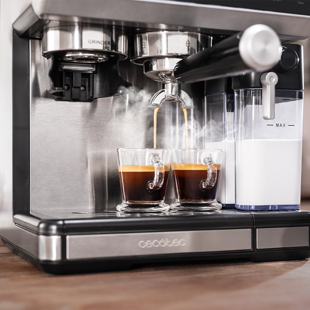 Cecotec Barista Power Espresso 20 Barista Grind & Latte Kaffeemaschine, 1350 W, 20 bar, konische Mühle, 2,6 l Wassertank, 100 g Kaffee und 500 ml Milch, Touchscreen, Selbstreinigung, personalisierbar