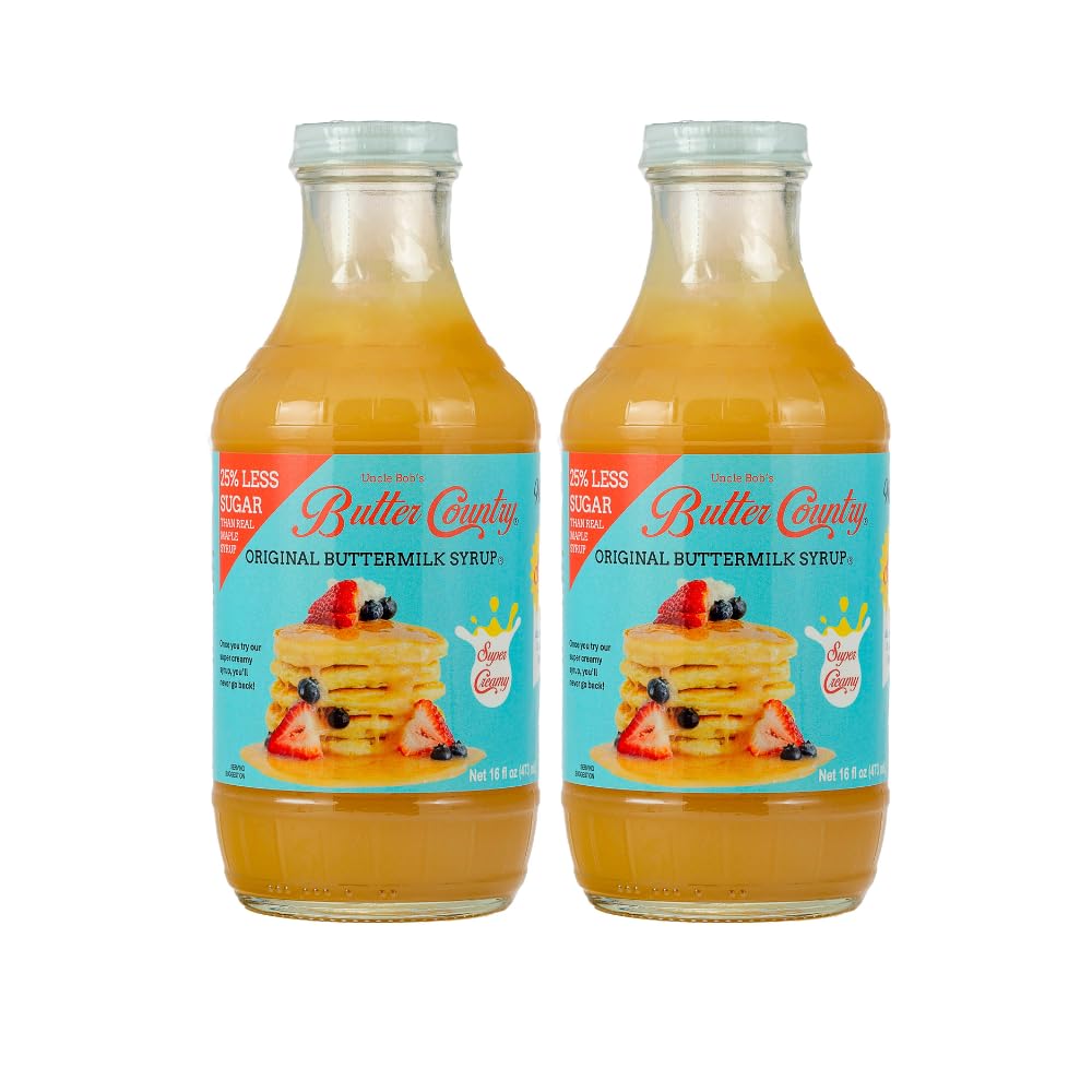 Uncle Bob's Butter Country Original Buttermilk Syrup for Pancakes and Waffles, Less Sugar, No Corn Syrup, Gluten Free, Made without Artificial Flavors, 16 fl oz Bottle/2 Pack