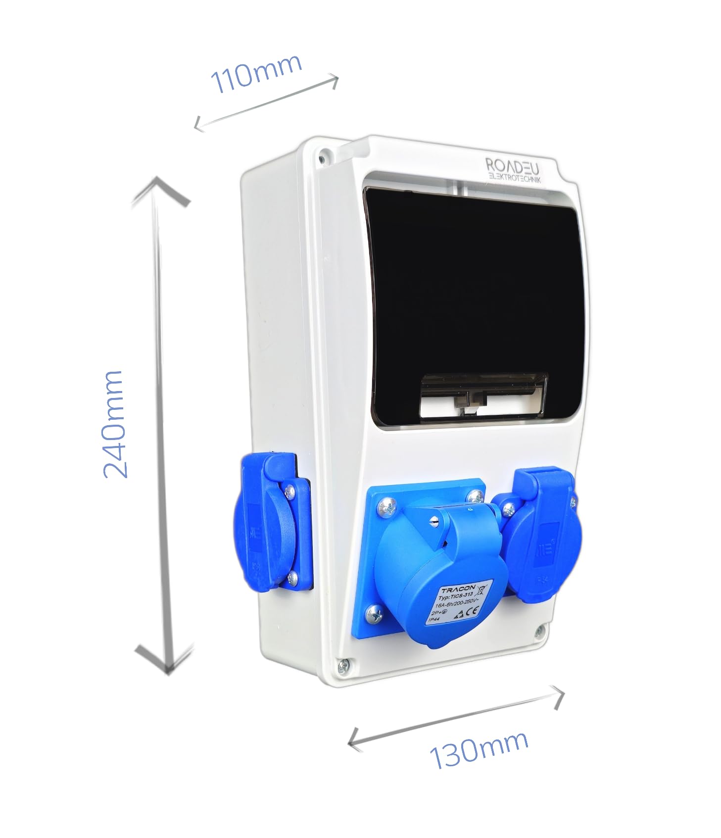 RoadEu - Distributore elettrico portatile 230V monofase con 3 prese Schuko, 1 presa CEE 16A 3P, cavo in gomma 15 m, spina CEE 16A – alimentazione per campeggio, camper, barche, eventi all’aperto