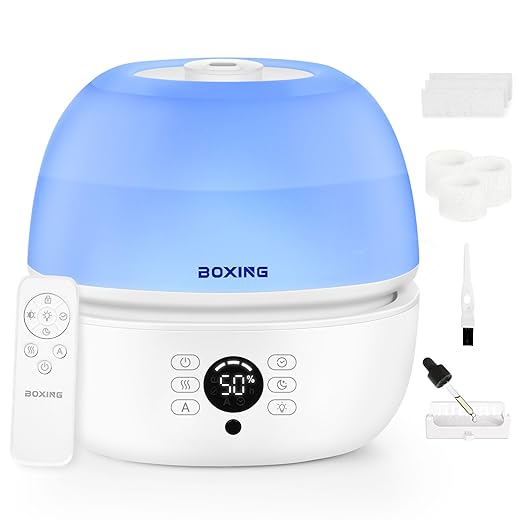 BOXING Top Fill Humidifiers for Bedroom Baby with Humidistat, 20dB Quiet Air Humidifier for Large Room & Indoor Plants with Remote, Cool Mist Diffuser for Home, 7 Color Light, Essential Oil Tray,Timer