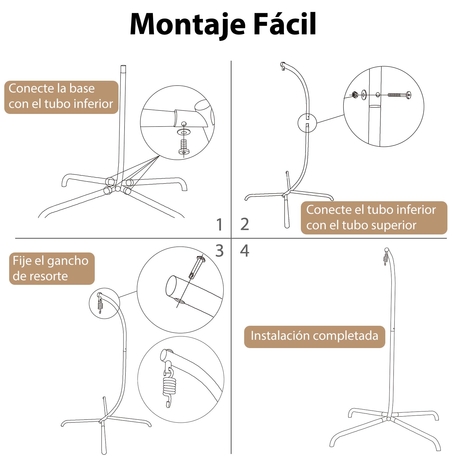 COSTWAY Soporte Silla Colgante, Estructura de Metal, Soporte Hamaca en Forma de C, Gancho de Resorte y Rotación de 360°, Carga 180kg, Interiores Exteriores